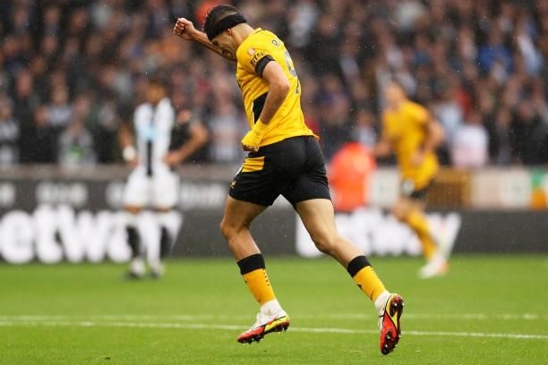 Raul Jimenez of Wolverhampton Wanderers celebrates his team's first goal during the Premier League match between Wolverhampton Wanderers and...