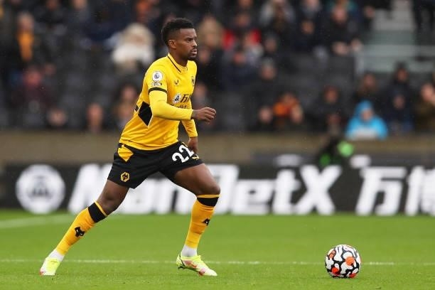 Nelson Semedo of Wolverhampton Wanderers runs with the ball during the Premier League match between Wolverhampton Wanderers and Newcastle United at...