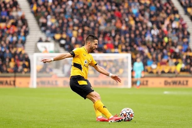 Joao Moutinho of Wolverhampton Wanderers crosses the ball during the Premier League match between Wolverhampton Wanderers and Newcastle United at...