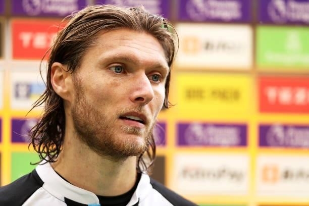 Jeff Hendrick of Newcastle United is interviewed following defeat in the Premier League match between Wolverhampton Wanderers and Newcastle United at...
