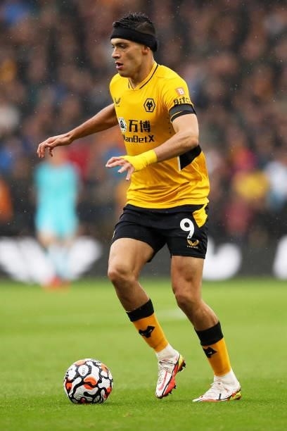 Raul Jimenez of Wolverhampton Wanderers runs with the ball during the Premier League match between Wolverhampton Wanderers and Newcastle United at...