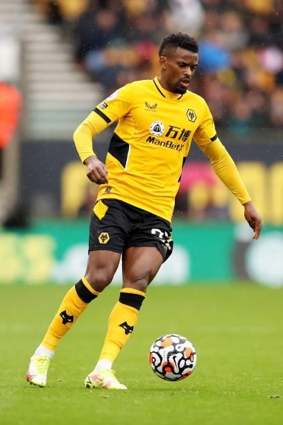 Nelson Semedo of Wolverhampton Wanderers runs with the ball during the Premier League match between Wolverhampton Wanderers and Newcastle United at...