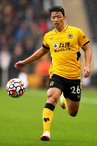 Hee-chan Hwang of Wolverhampton Wanderers runs with the ball during the Premier League match between Wolverhampton Wanderers and Newcastle United at...