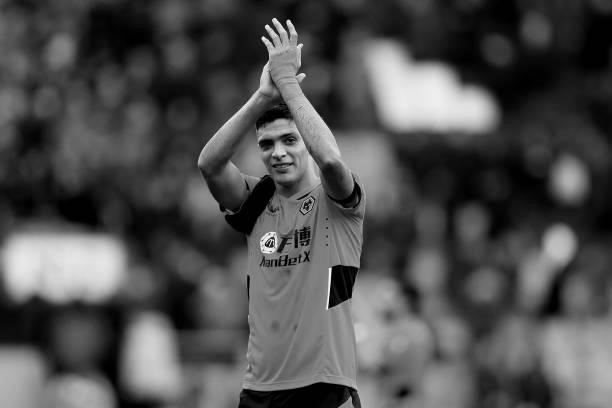 Raul Jimenez of Wolverhampton Wanderers shows appreciation to the fans following victory in the Premier League match between Wolverhampton Wanderers...