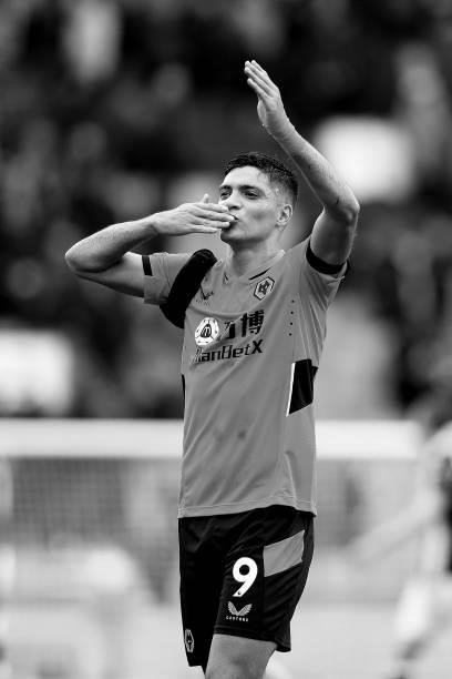 Raul Jimenez of Wolverhampton Wanderers shows appreciation to the fans following victory in the Premier League match between Wolverhampton Wanderers...