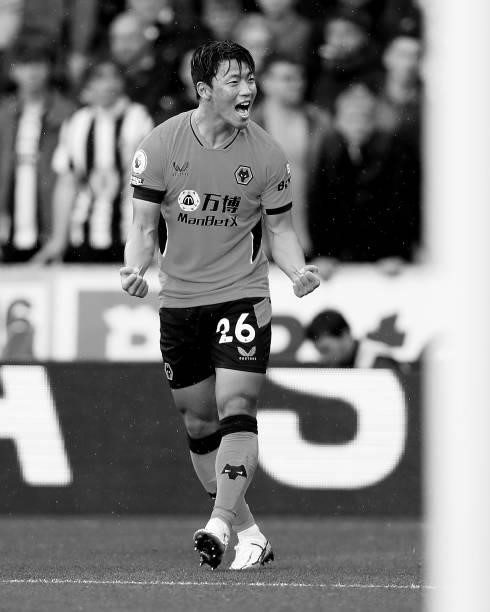 Hee-chan Hwang of Wolverhampton Wanderers celebrates after scoring his team's second goal during the Premier League match between Wolverhampton...