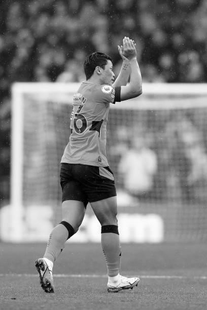 Hee-chan Hwang of Wolverhampton Wanderers celebrates after scoring his team's first goal during the Premier League match between Wolverhampton...