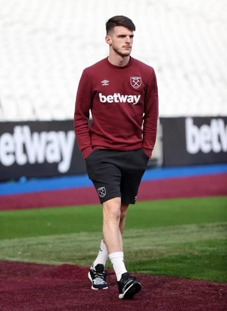 Declan Rice of West Ham United arrives at the stadium prior to the Premier League match between West Ham United and Brentford at London Stadium on...