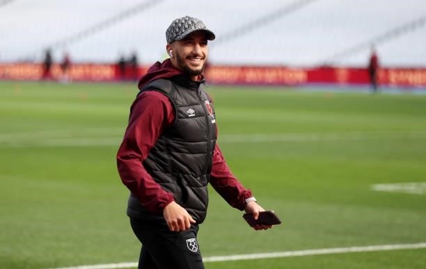 Said Benrahma of West Ham United arrives at the stadium prior to the Premier League match between West Ham United and Brentford at London Stadium on...
