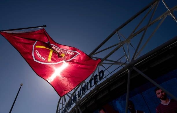 View of a West Ham United flag outside London Stadium prior to the Premier League match between West Ham United and Brentford at London Stadium on...