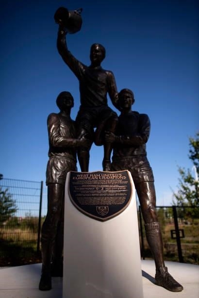View of a statue of former West Ham United players, Martin Peters, Bobby Moore and Geoff Hurst celebrating winning the 1965 European Cup Winners' Cup...
