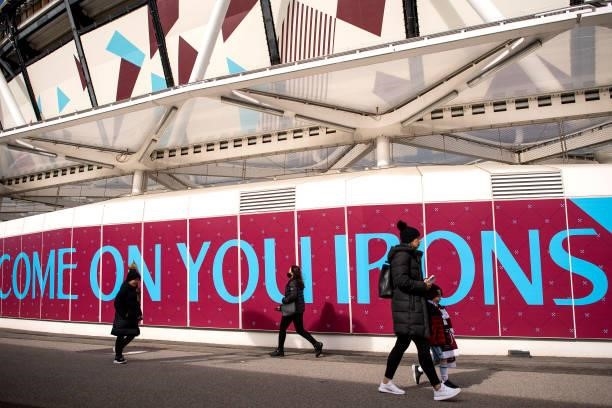 General view of fans outside London Stadium prior to the Premier League match between West Ham United and Brentford at London Stadium on October 03,...