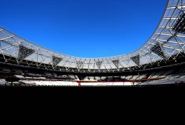 General view inside of the stadium ahead of the Premier League match between West Ham United and Brentford at London Stadium on October 03, 2021 in...