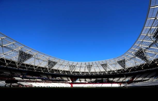 General view inside of the stadium ahead of the Premier League match between West Ham United and Brentford at London Stadium on October 03, 2021 in...