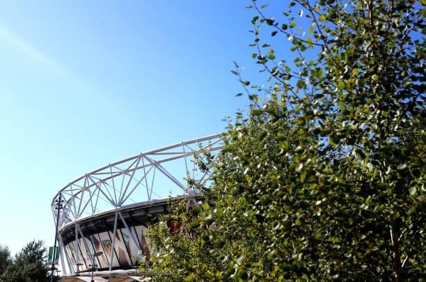General view outside of the stadium ahead of the Premier League match between West Ham United and Brentford at London Stadium on October 03, 2021 in...