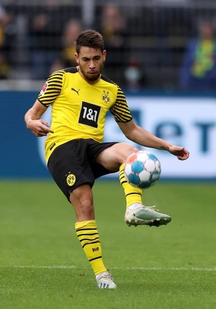 Raphael Guerreiro of Dortmund runs with the ball during the Bundesliga match between Borussia Dortmund and FC Augsburg at Signal Iduna Park on...