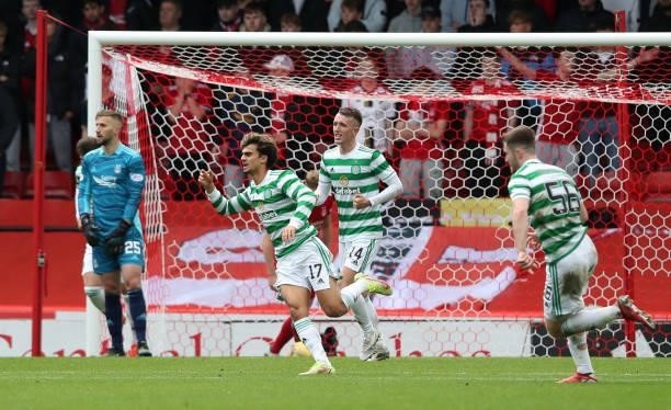 Jota of Celtic celebrates after scoring their side's second goal during the Ladbrokes Scottish Premiership match between Aberdeen and Celtic at...