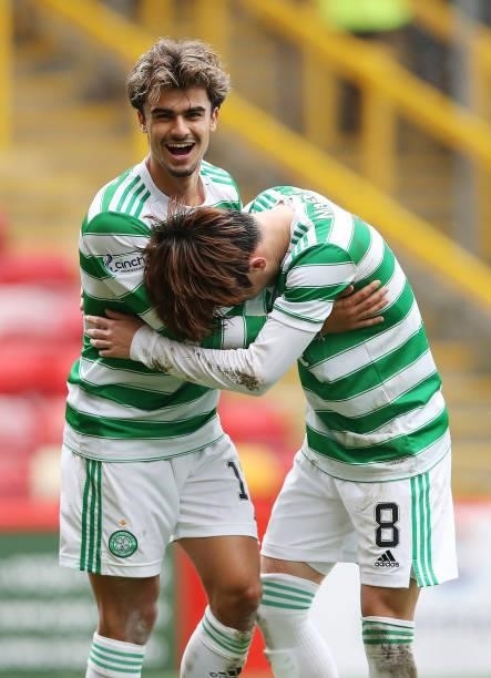 Celtic's two goal scorers Jota and Kyoto Furuhhashi are seen at full time during the Ladbrokes Scottish Premiership match between Aberdeen and Celtic...