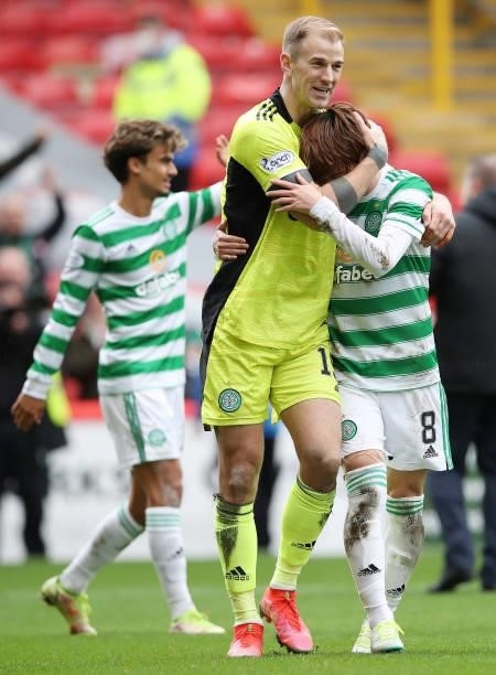 Joe Hart and Kyoto Furuhashi of Celtic are seen at full time during the Ladbrokes Scottish Premiership match between Aberdeen and Celtic at Pittodrie...