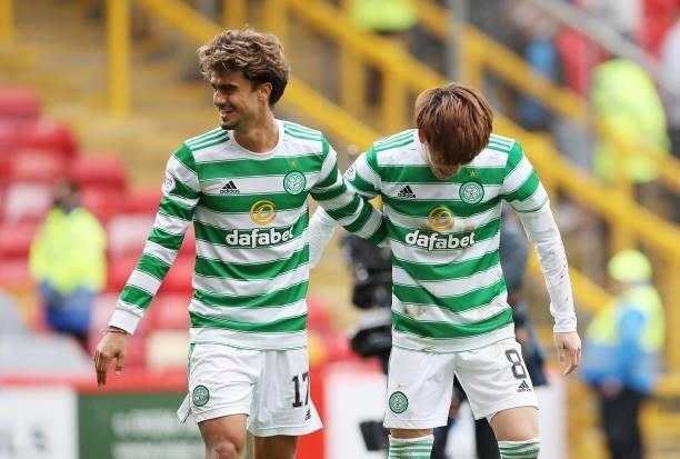 Celtic's two goal scorers Jota and Kyoto Furuhhashi are seen at full time during the Ladbrokes Scottish Premiership match between Aberdeen and Celtic...