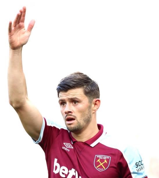 Aaron Cresswell of West Ham United gestures during the Premier League match between West Ham United and Brentford at London Stadium on October 03,...