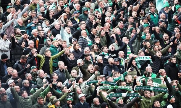 Celtic fans are seen during the Ladbrokes Scottish Premiership match between Aberdeen and Celtic at Pittodrie Stadium on October 03, 2021 in...