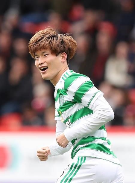 Kyogo Furuhashi of Celtic celebrates after scoring the opening goal during the Ladbrokes Scottish Premiership match between Aberdeen and Celtic at...