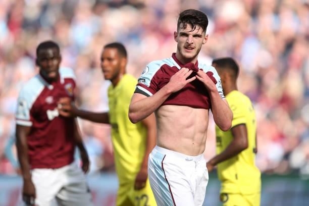 Declan Rice of West Ham United during the Premier League match between West Ham United and Brentford at London Stadium on October 03, 2021 in London,...