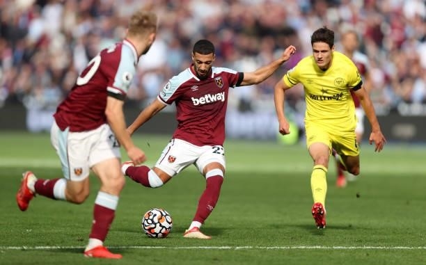 Said Benrahma of West Ham United takes a shot on goal during the Premier League match between West Ham United and Brentford at London Stadium on...
