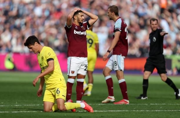 Said Benrahma of West Ham United reacts to a missed chance during the Premier League match between West Ham United and Brentford at London Stadium on...