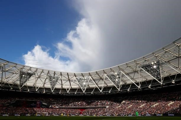 General view of London Stadium during the Premier League match between West Ham United and Brentford at London Stadium on October 03, 2021 in London,...