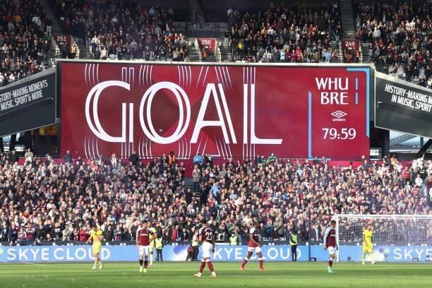 View of the goal of Jarrod Bowen of West Ham United being announced on the big screen during the Premier League match between West Ham United and...