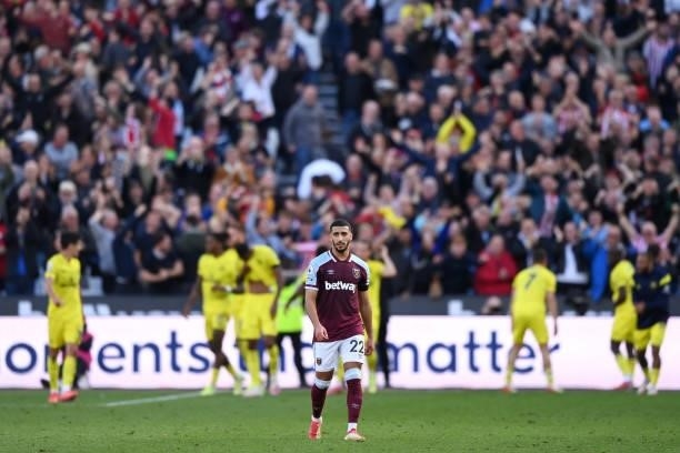 Said Benrahma of West Ham United looks dejected during the Premier League match between West Ham United and Brentford at London Stadium on October...