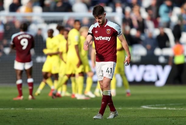 Declan Rice of West Ham United looks dejected following his sides defeat during the Premier League match between West Ham United and Brentford at...