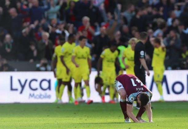 Declan Rice of West Ham United reacts after conceding a goal during the Premier League match between West Ham United and Brentford at London Stadium...