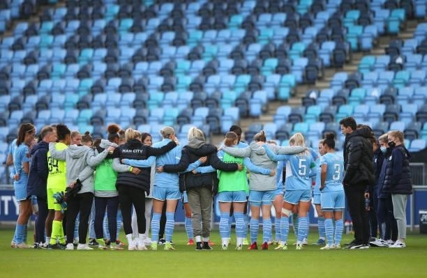The players of Manchester City Women huddle after the Barclays FA Women's Super League match between Manchester City Women and West Ham United Women...
