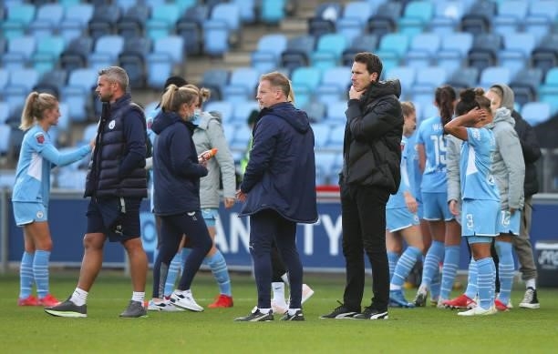 Gareth Taylor the manager of Manchester City Women looks on after the Barclays FA Women's Super League match between Manchester City Women and West...