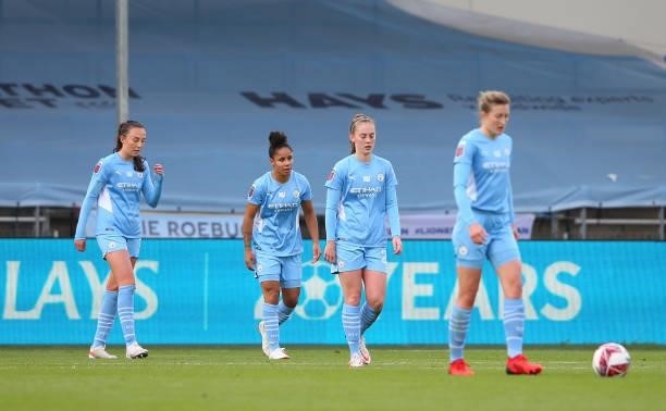 The players of Manchester City Women look on after conceding the first goal during the Barclays FA Women's Super League match between Manchester City...
