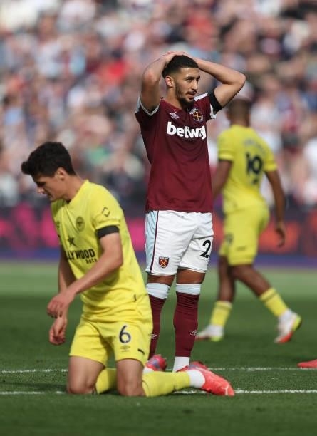Said Benrahma of West Ham United reacts to a missed chance during the Premier League match between West Ham United and Brentford at London Stadium on...