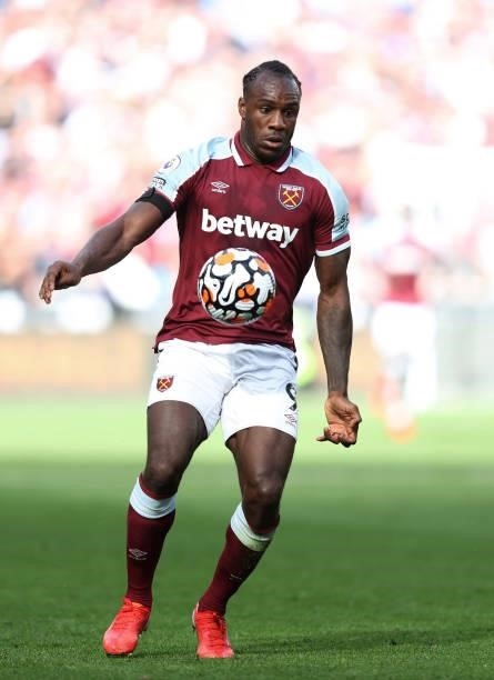 Michail Antonio of West Ham in action during the Premier League match between West Ham United and Brentford at London Stadium on October 03, 2021 in...