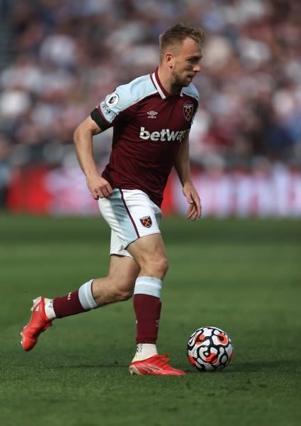 Jarrod Bowen of West Ham in action during the Premier League match between West Ham United and Brentford at London Stadium on October 03, 2021 in...
