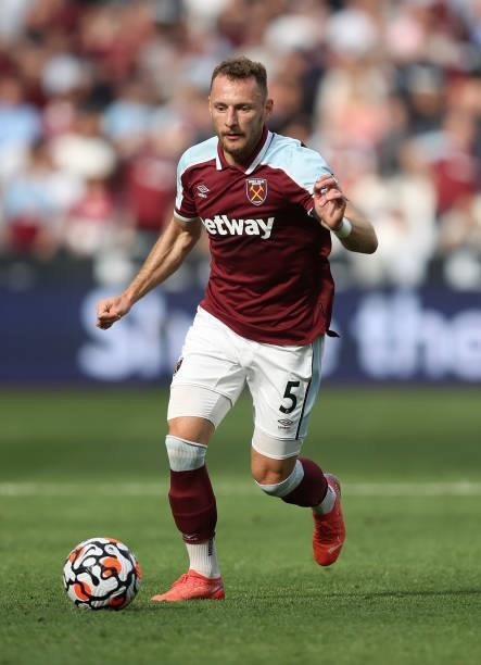 Vladimir Coufal of West Ham in action during the Premier League match between West Ham United and Brentford at London Stadium on October 03, 2021 in...
