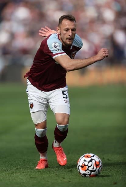 Vladimir Coufal of West Ham in action during the Premier League match between West Ham United and Brentford at London Stadium on October 03, 2021 in...