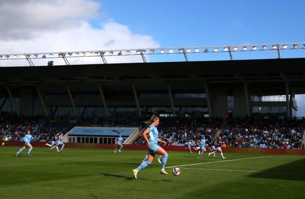 Janine Beckie of Manchester City Women runs at the West Ham United Women defence during the Barclays FA Women's Super League match between Manchester...