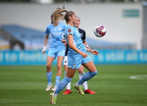 Janine Beckie of Manchester City Women controls the ball during the Barclays FA Women's Super League match between Manchester City Women and West Ham...