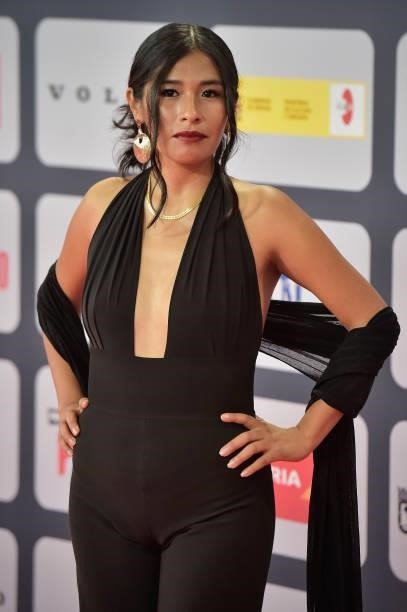 Pamela Mendoza attends to Red Carpet of Platino Awards 2021 on October 03, 2021 in Madrid, Spain.