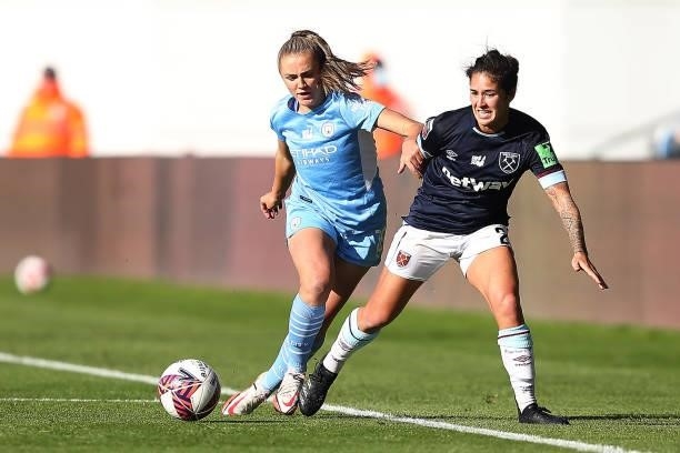 Georgia Stanway of Manchester City battles for possession with Zaneta Wyne of West Ham United during the Barclays FA Women's Super League match...