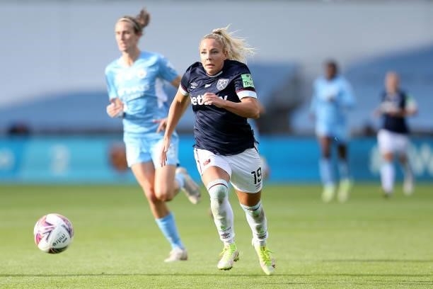 Adriana Leon of West Ham United runs with the ball during the Barclays FA Women's Super League match between Manchester City Women and West Ham...