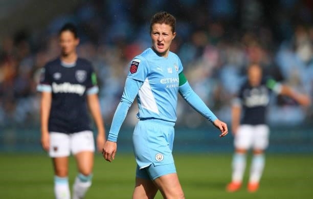 Ellen White of Manchester City Women looks on during the Barclays FA Women's Super League match between Manchester City Women and West Ham United...