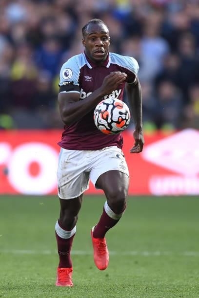 Michail Antonio of West Ham during the Premier League match between West Ham United and Brentford at London Stadium on October 03, 2021 in London,...